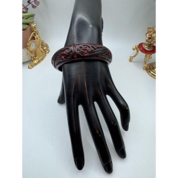 Vintage Chinese Carved Black Carbon Red Cinnabar L Jewelry - Vintage Chinese Carved Black Carbon Red Cinnabar Lacquer Floral Bangle Bracelet